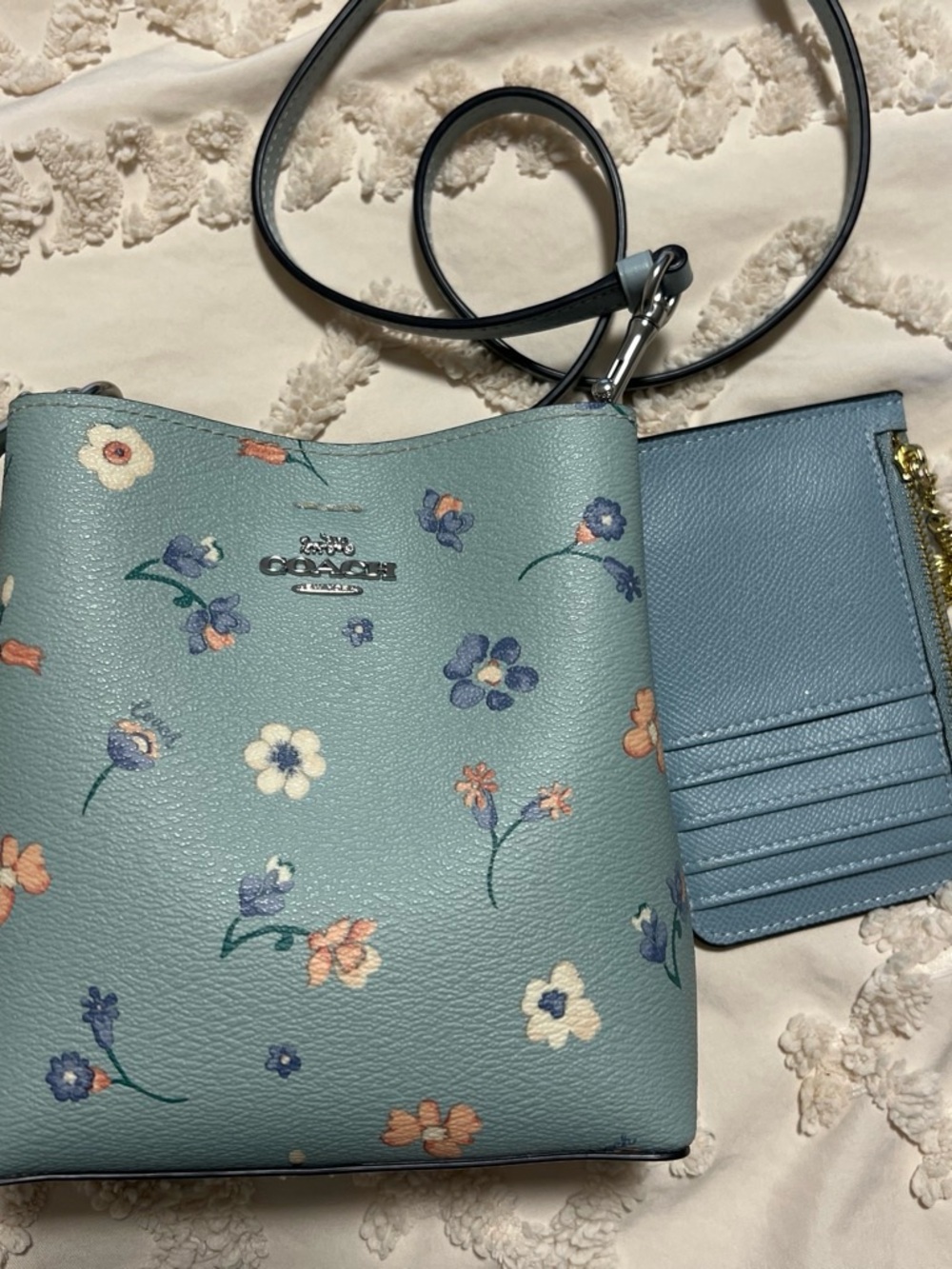 Coach Floral Pebble Leather Crossbody in Dusty Blue-Green with wallet - Picture 2 of 8